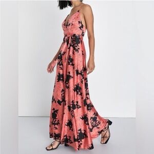 Lulu’s Coral and Black Floral Print Satin Maxi Dress